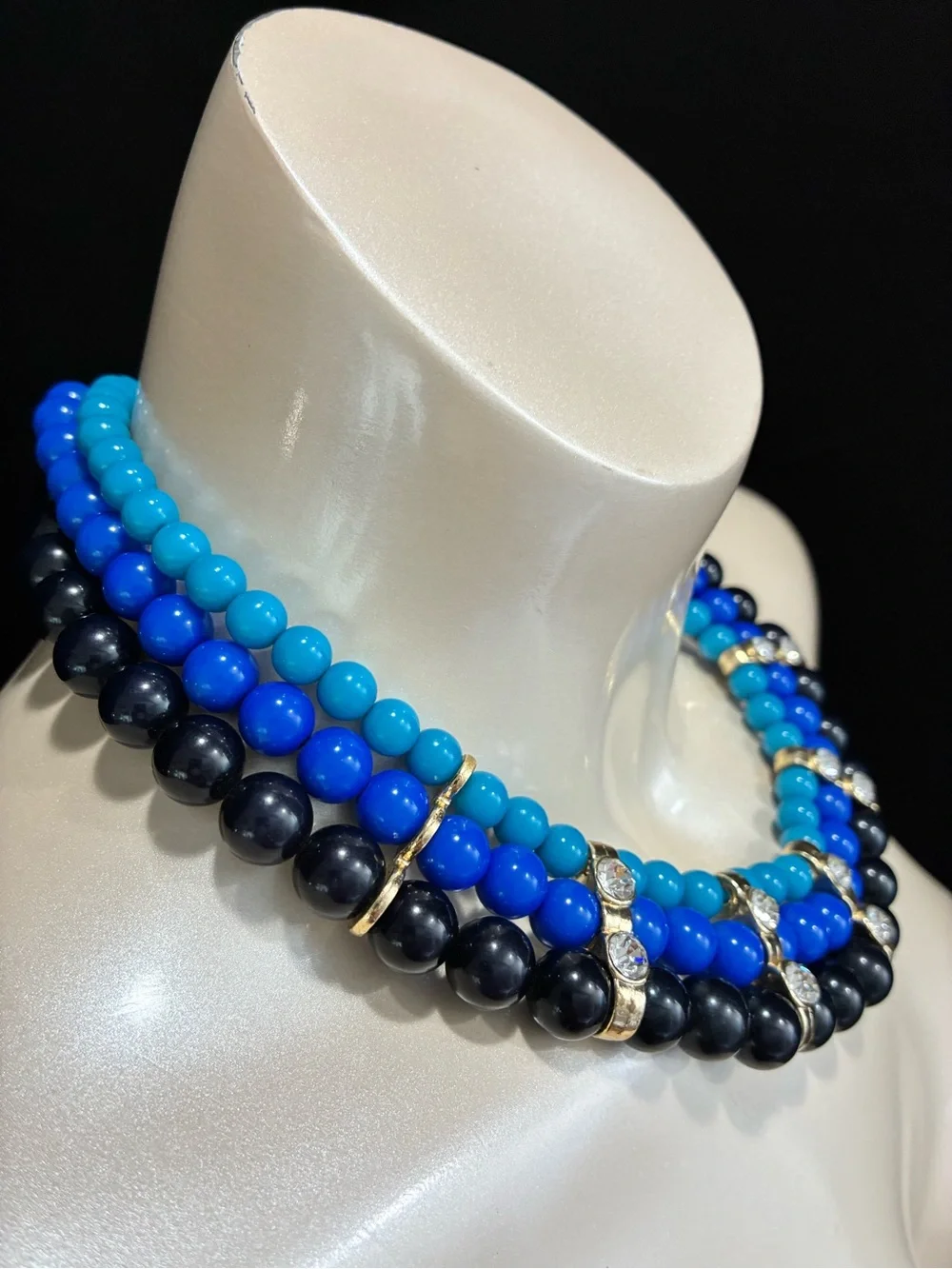 Triple-Strand Blue & Black Beaded Statement Party Necklace with Rhinestones EUC
